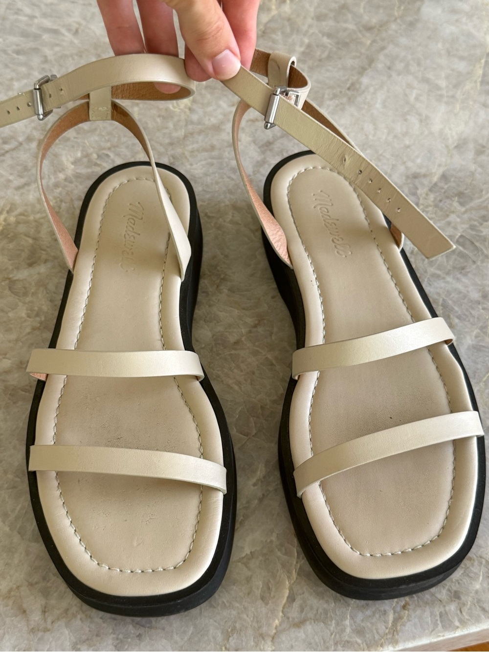 Madewell Cream and Black Strappy Ankle‑Buckle Sandals